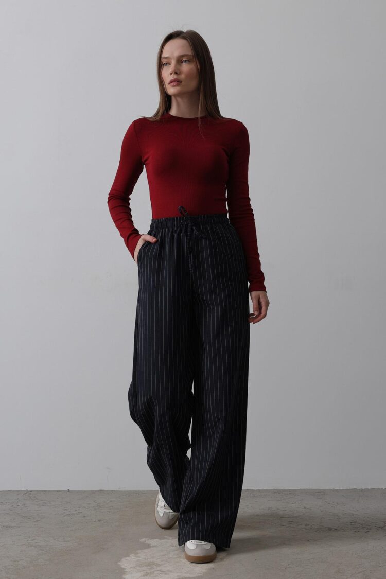 Wide Leg Pants With Elastic Waist - Navy-white