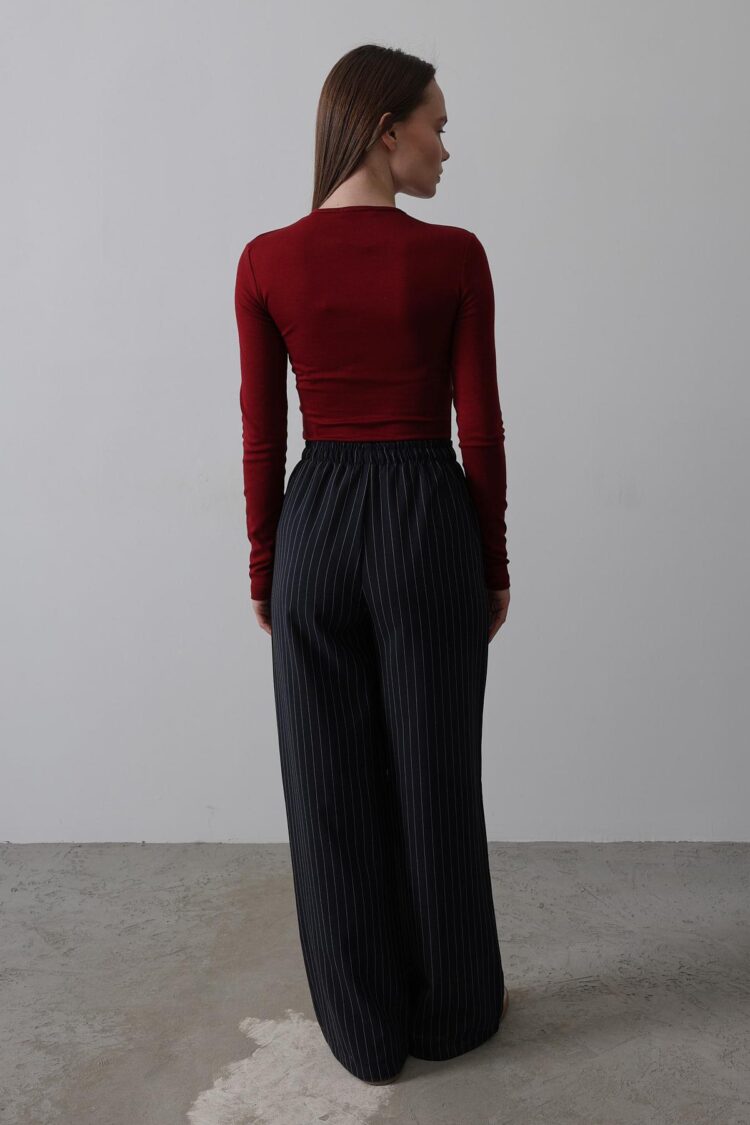 Wide Leg Pants With Elastic Waist - Navy-white