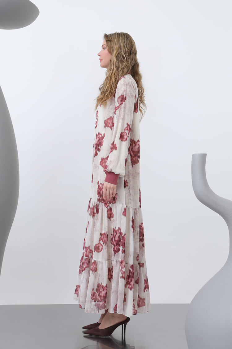 Women's Collar Ribbed Patterned Chiffon Dress