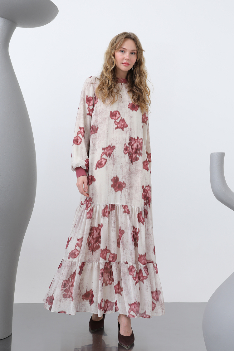 Women's Collar Ribbed Patterned Chiffon Dress - Puane - Globality Store - Women Clothes Wholesale Turkey