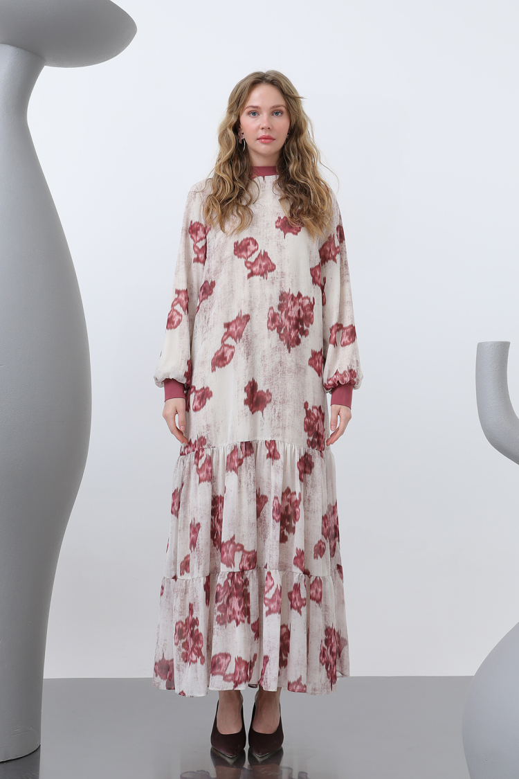 Women's Collar Ribbed Patterned Chiffon Dress