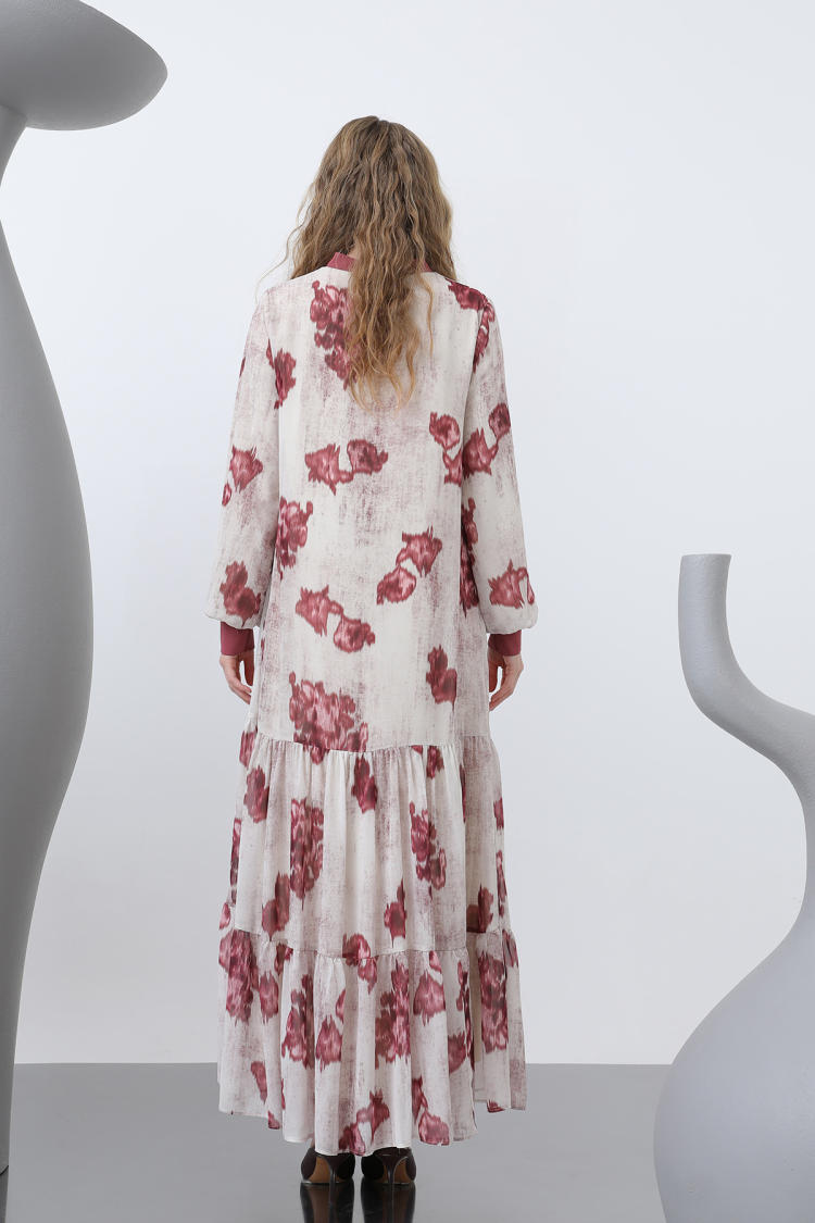 Women's Collar Ribbed Patterned Chiffon Dress