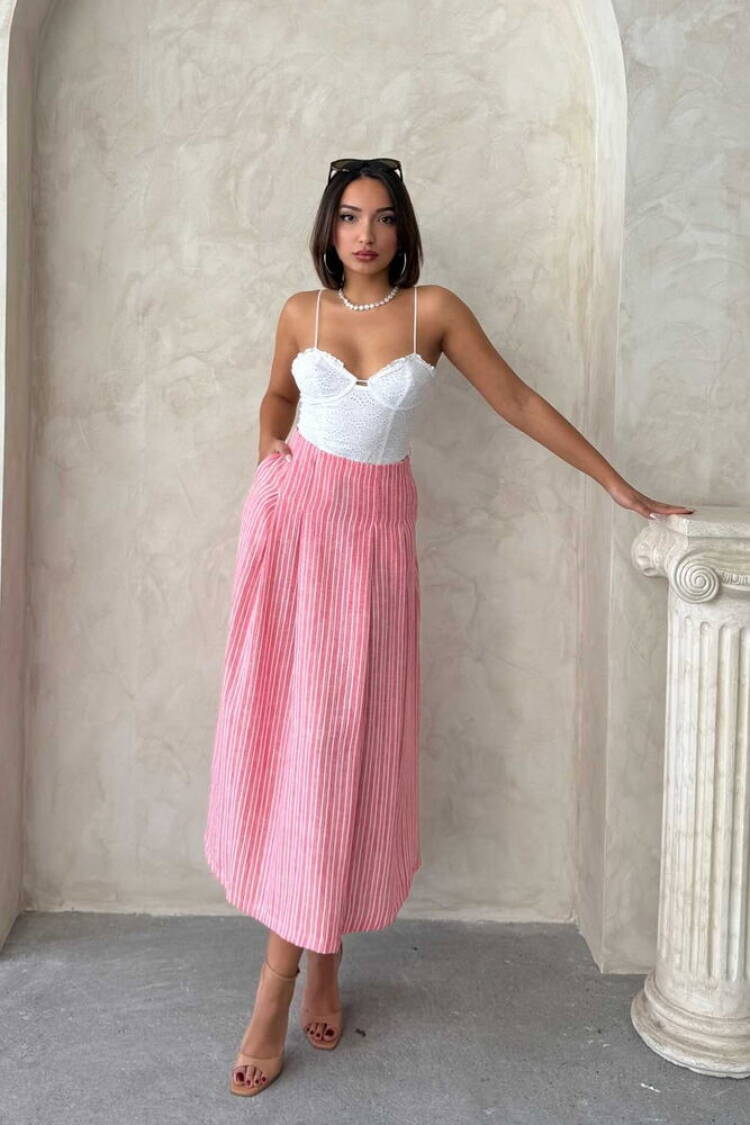 Striped Linen Skirt - Topshow - Globality Store - Women Clothes Wholesale Turkey