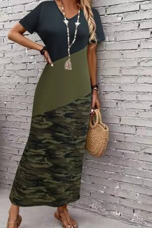 Women's Short Sleeve Crew Neck Multicolor Maxi Viscose Dress - Black - Janes - Globality Store - Women Clothes Wholesale Turkey