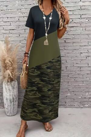 Women's Short Sleeve Crew Neck Multicolor Maxi Viscose Dress - Black - Janes - Globality Store - Women Clothes Wholesale Turkey