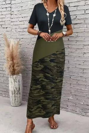 Women's Short Sleeve Crew Neck Multicolor Maxi Viscose Dress - Black - Janes - Globality Store - Women Clothes Wholesale Turkey