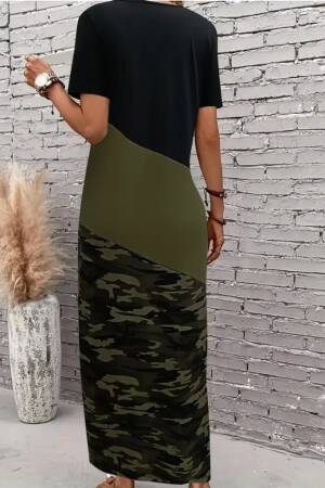 Women's Short Sleeve Crew Neck Multicolor Maxi Viscose Dress - Black - Janes - Globality Store - Women Clothes Wholesale Turkey