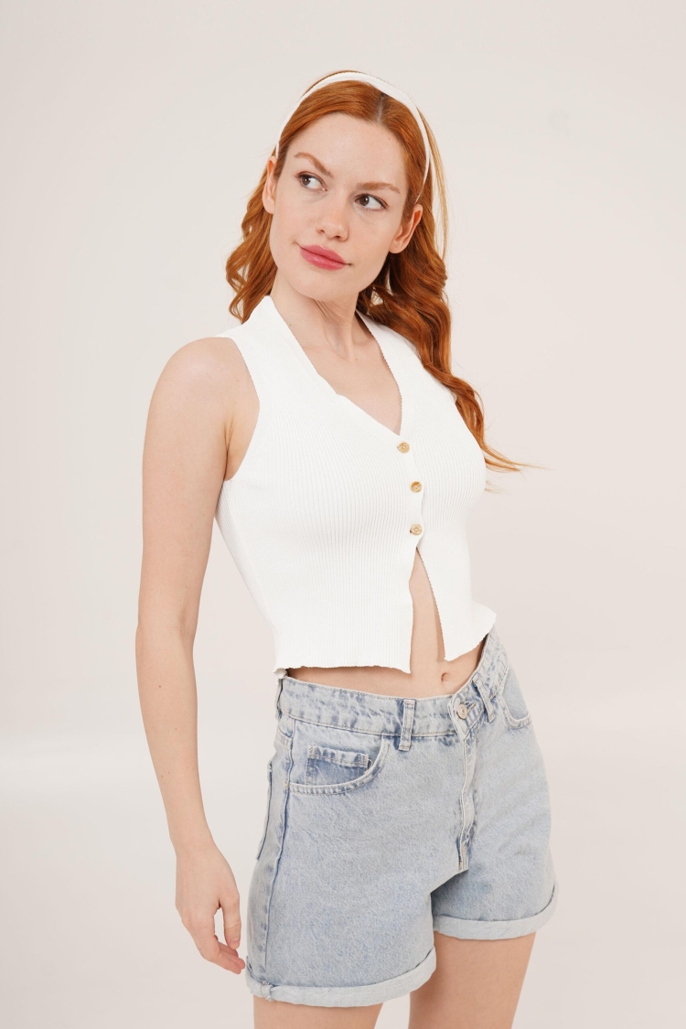 Zero Sleeve Button Detailed RibbedWholesale Blouse