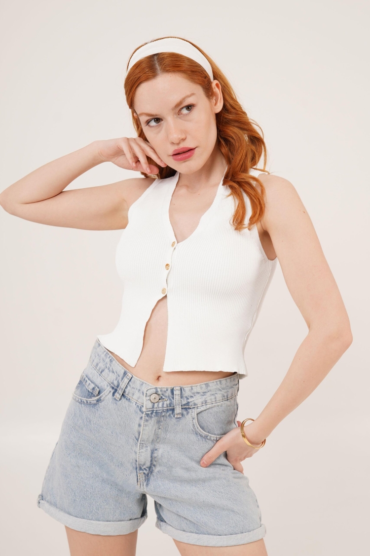 Zero Sleeve Button Detailed RibbedWholesale Blouse