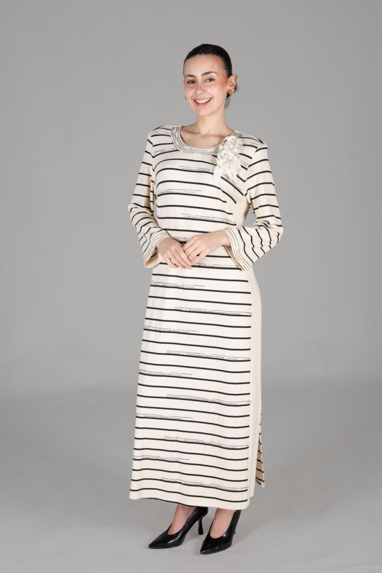 Round Neck Striped Dress - GUMANIZE - Globality Store - Women Clothes Wholesale Turkey