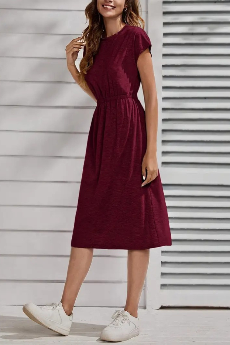 Women's Short Sleeve Crew Neck Elastic Waist Midi Viscose Dress - Burgundy