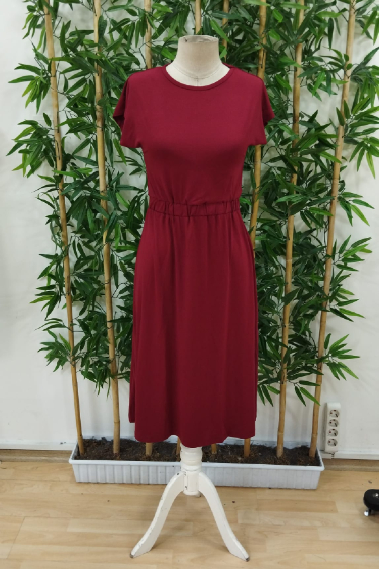 Women's Short Sleeve Crew Neck Elastic Waist Midi Viscose Dress - Burgundy