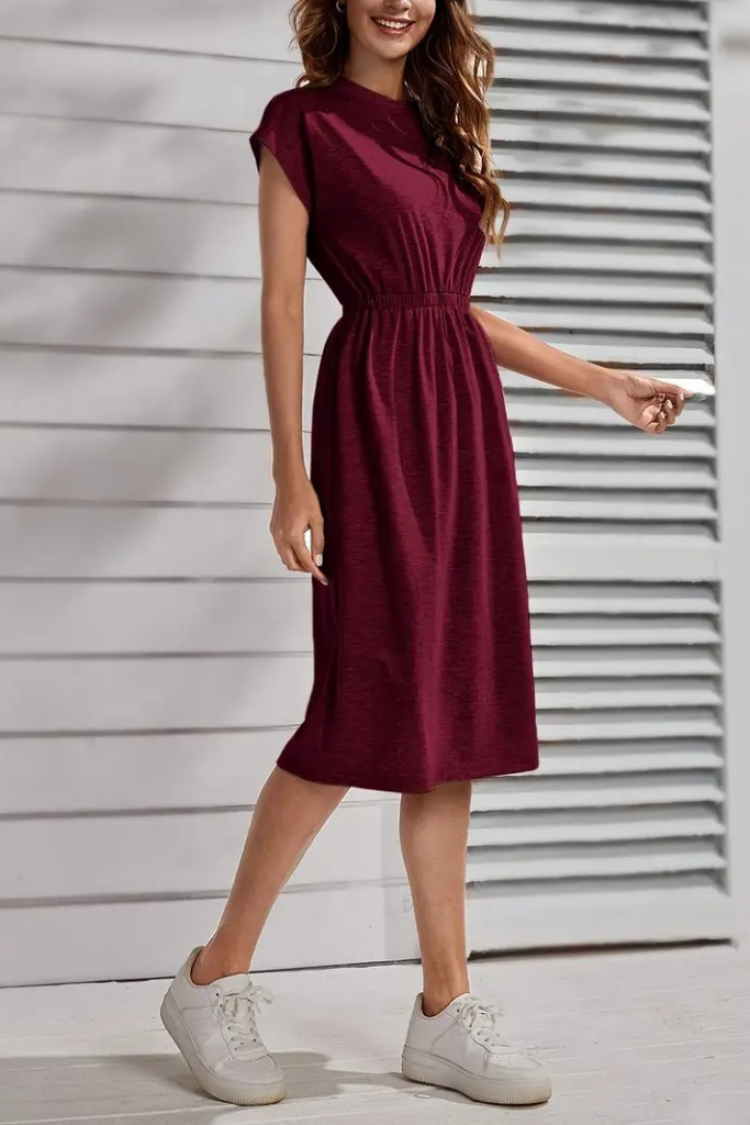 Women's Short Sleeve Crew Neck Elastic Waist Midi Viscose Dress - Burgundy