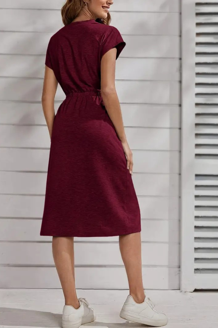 Women's Short Sleeve Crew Neck Elastic Waist Midi Viscose Dress - Burgundy