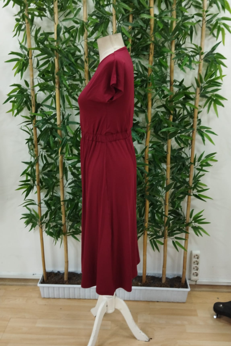 Women's Short Sleeve Crew Neck Elastic Waist Midi Viscose Dress - Burgundy