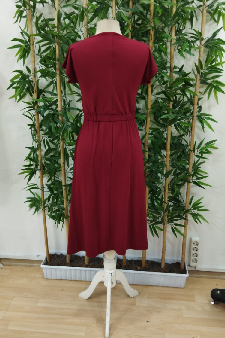 Women's Short Sleeve Crew Neck Elastic Waist Midi Viscose Dress - Burgundy