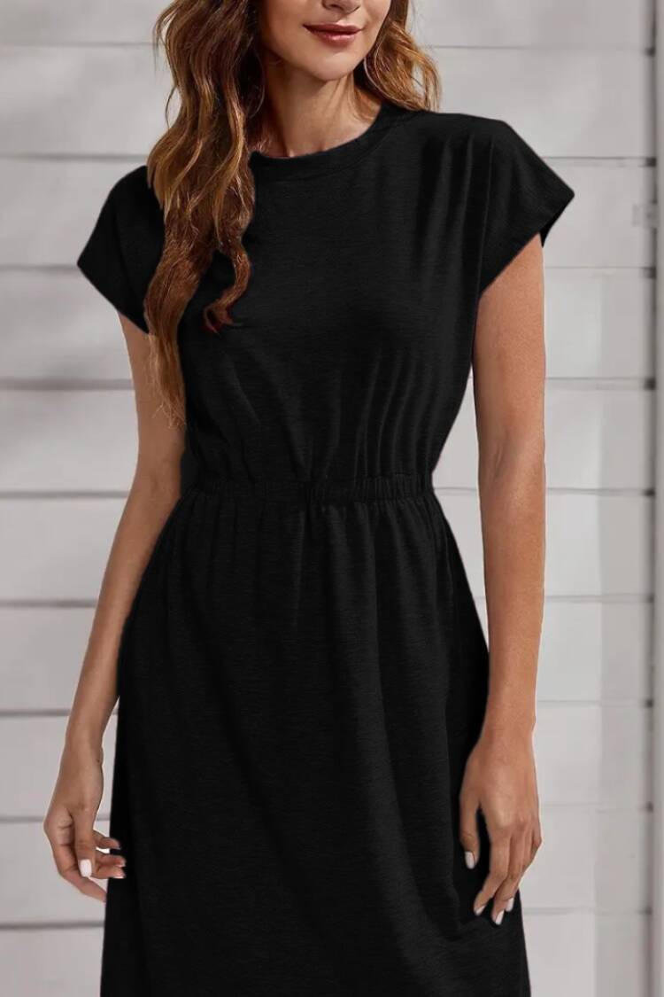Women's Short Sleeve Crew Neck Elastic Waist Midi Viscose Dress
