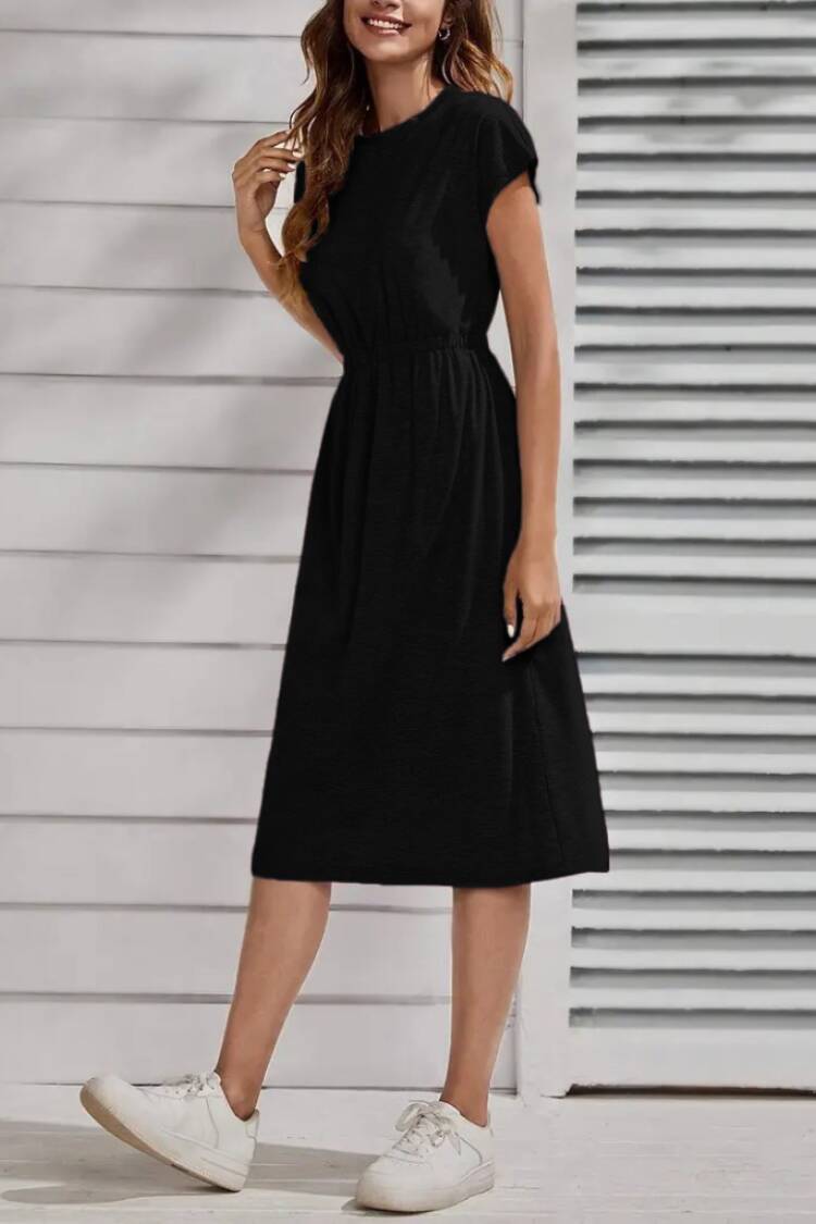 Women's Short Sleeve Crew Neck Elastic Waist Midi Viscose Dress