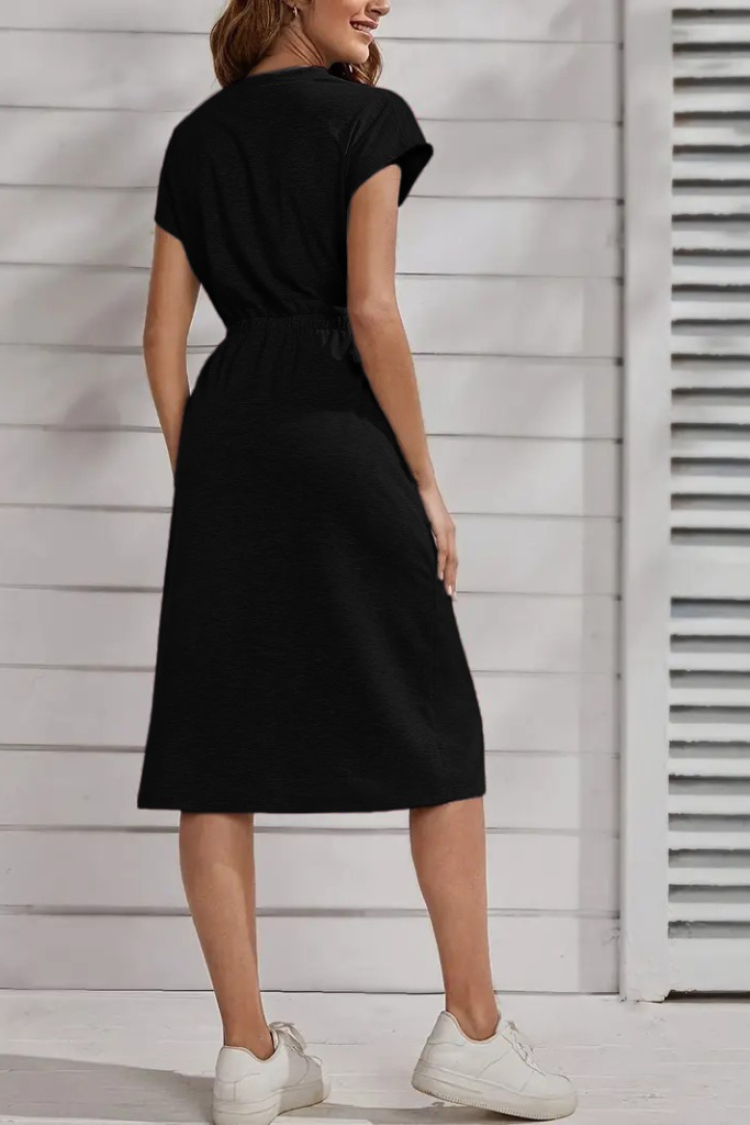 Women's Short Sleeve Crew Neck Elastic Waist Midi Viscose Dress