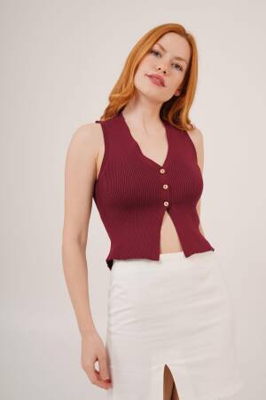 Zero Sleeve Button Detailed Ribbed Burgundy Wholesale Blouse - Lustrin - Globality Store - Women Clothes Wholesale Turkey