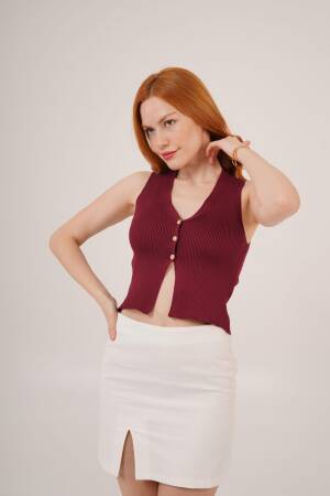 Zero Sleeve Button Detailed Ribbed Burgundy Wholesale Blouse - Lustrin - Globality Store - Women Clothes Wholesale Turkey