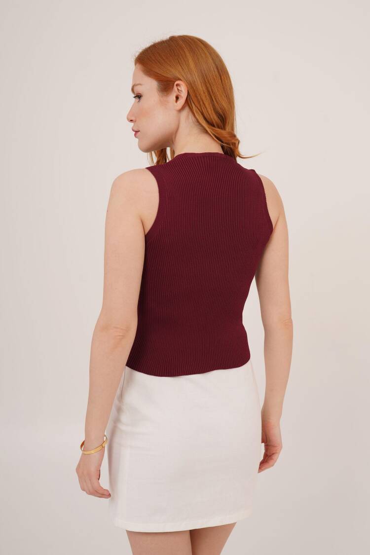 Zero Sleeve Button Detailed Ribbed Burgundy Wholesale Blouse