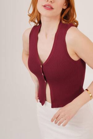 Zero Sleeve Button Detailed Ribbed Burgundy Wholesale Blouse - Lustrin - Globality Store - Women Clothes Wholesale Turkey