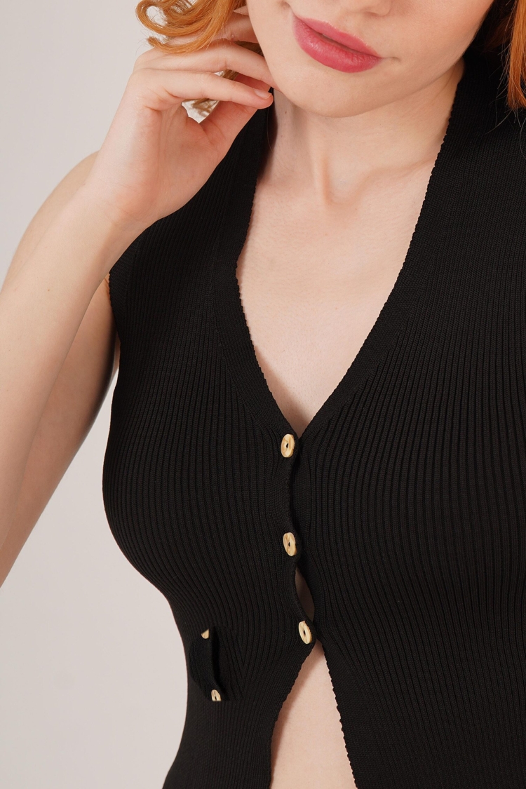 Zero Cuff Button Detailed RibbedWholesale Blouse