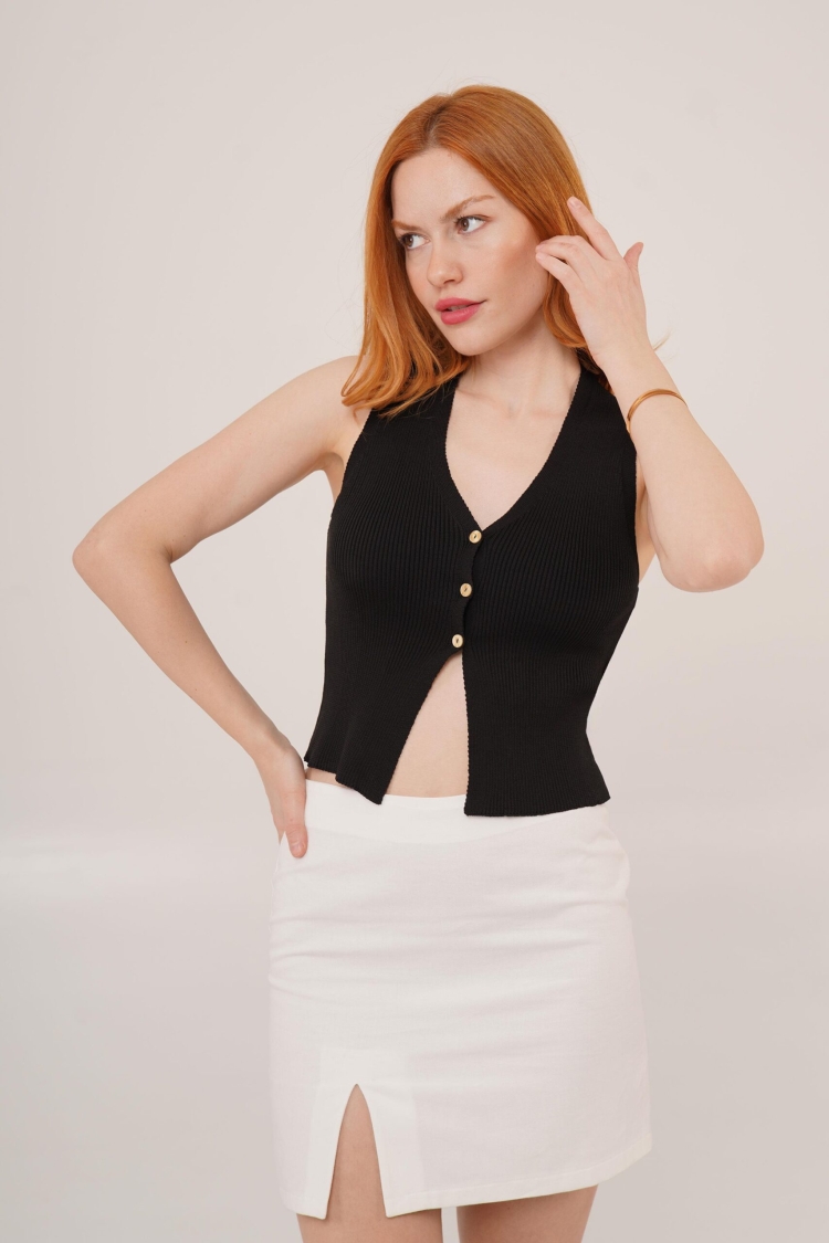 Zero Cuff Button Detailed RibbedWholesale Blouse