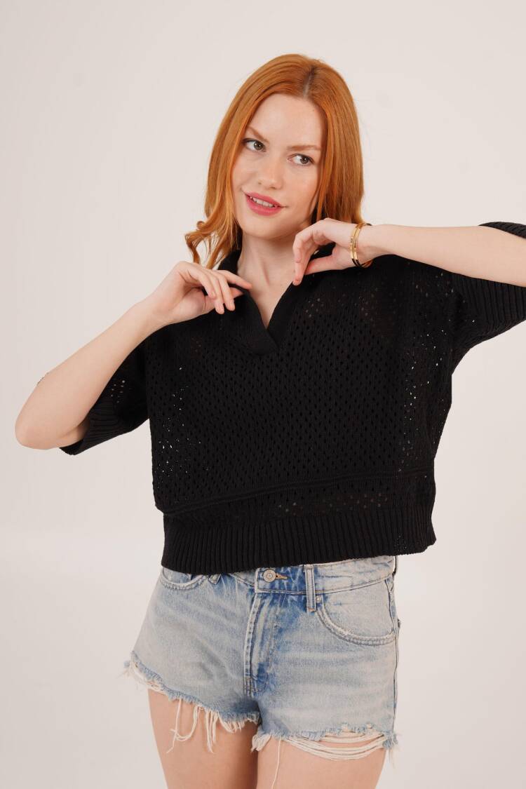 Polo Neck Openwork Black Wholesale Blouse - Lustrin - Globality Store - Women Clothes Wholesale Turkey