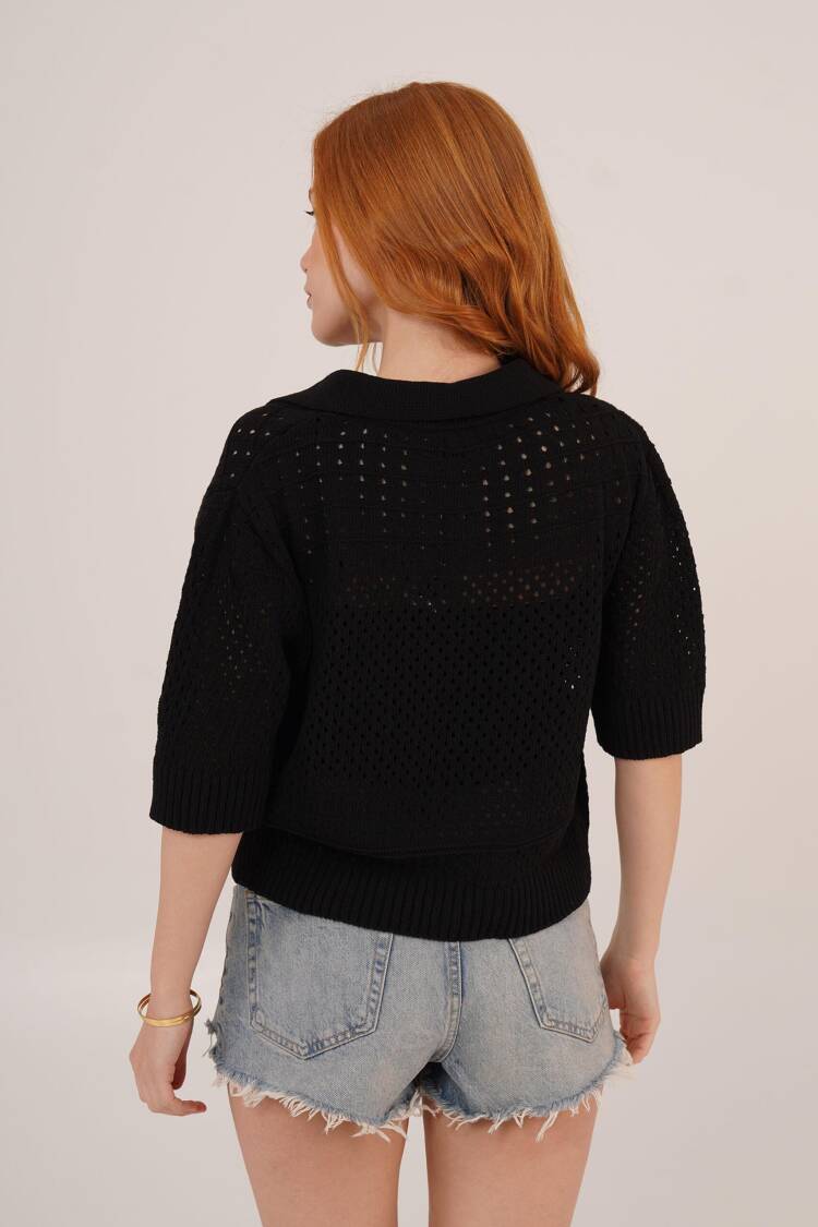 Polo Neck Openwork Black Wholesale Blouse