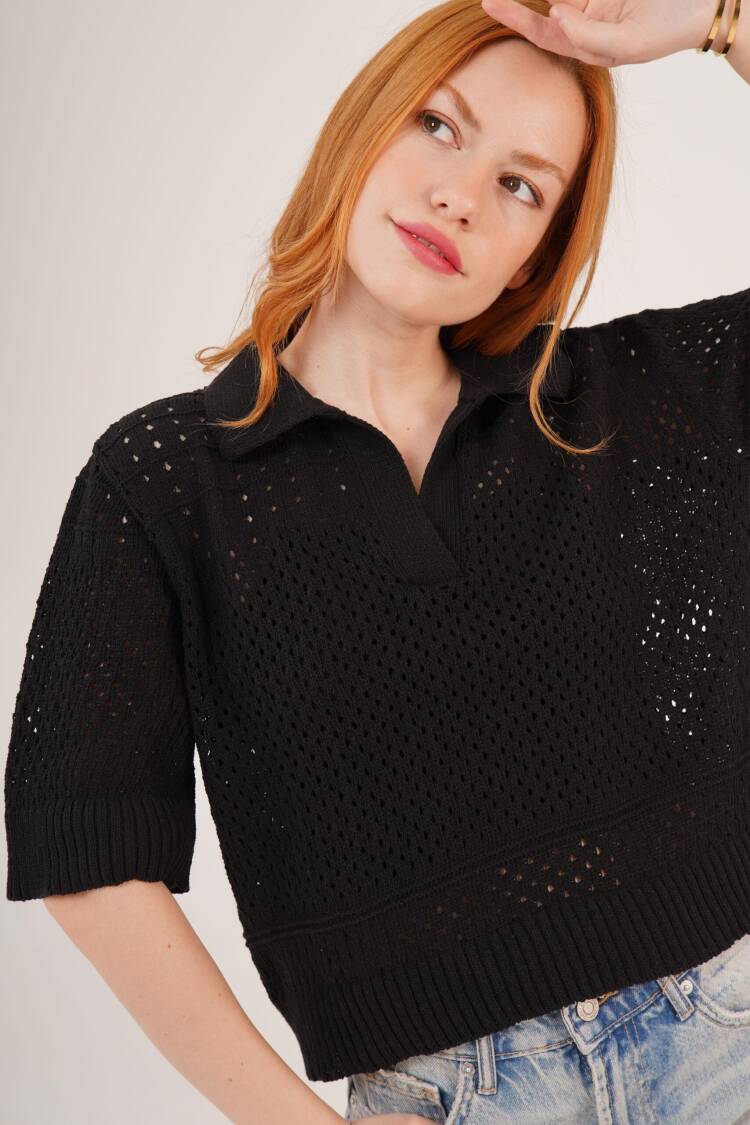 Polo Neck Openwork Black Wholesale Blouse