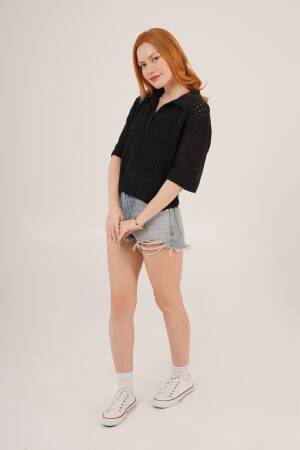 Polo Neck Openwork Black Wholesale Blouse - Lustrin - Globality Store - Women Clothes Wholesale Turkey