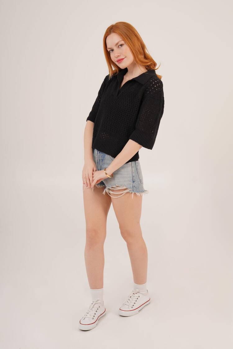 Polo Neck Openwork Black Wholesale Blouse