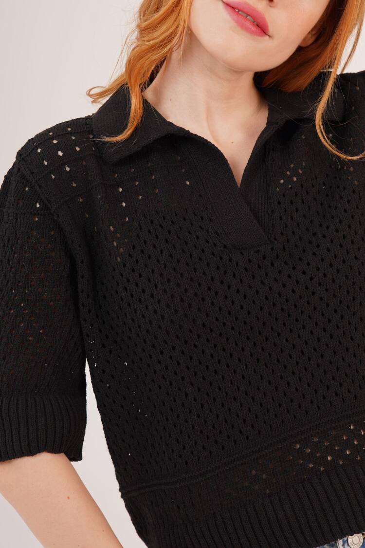 Polo Neck Openwork Black Wholesale Blouse