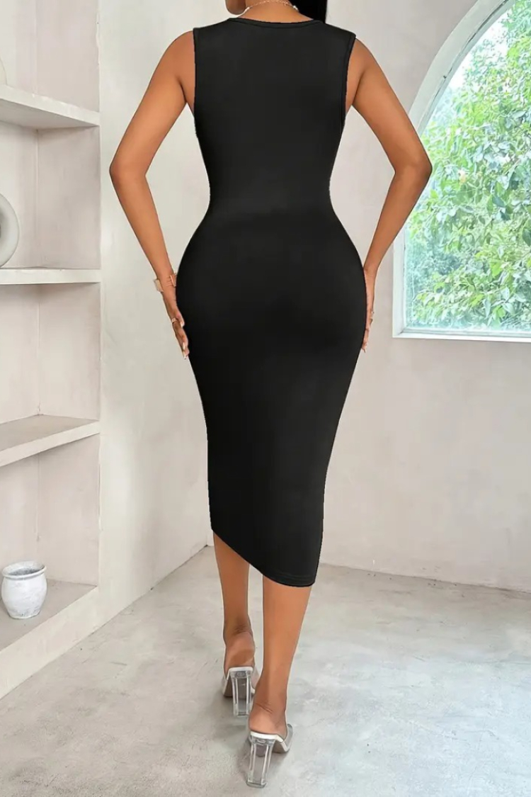 Women's Strappy Double Neck Plunge Midi Dress - Black