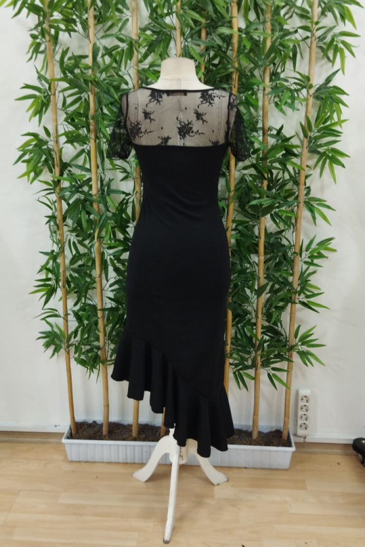 Women's Short Sleeve Collar Open Lace Detailed Ruffle Asymmetric Janjan Crepe Dress - Black