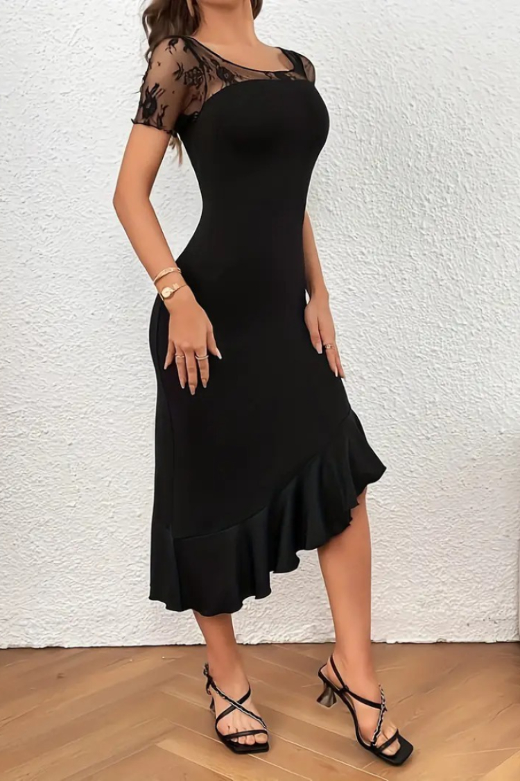 Women's Short Sleeve Collar Open Lace Detailed Ruffle Asymmetric Janjan Crepe Dress - Black