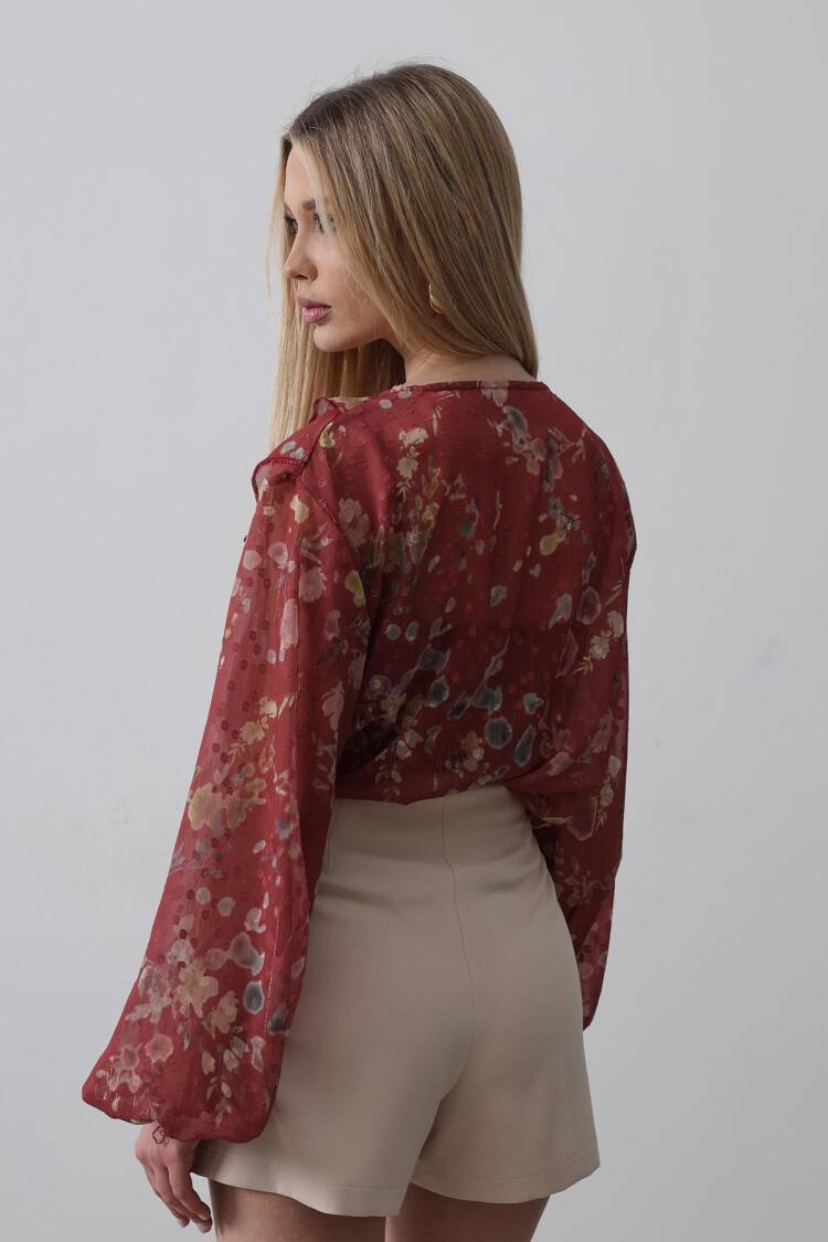 Floral Print Chiffon Shirt With Ruffles - Burgundy