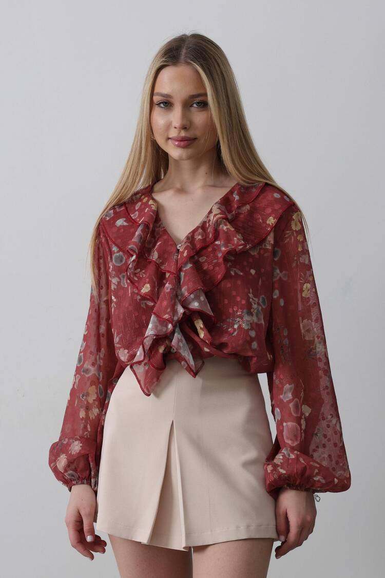 Floral Print Chiffon Shirt With Ruffles - Burgundy