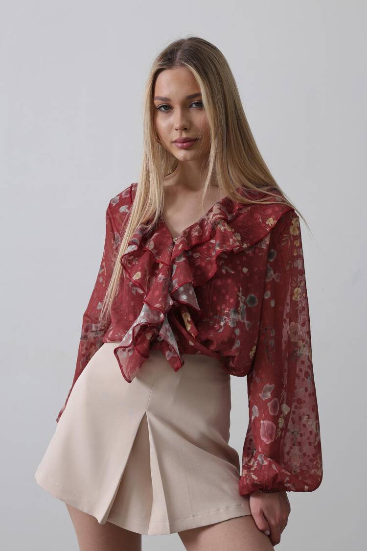 Floral Print Chiffon Shirt With Ruffles - Burgundy - Reyon - Globality Store - Women Clothes Wholesale Turkey