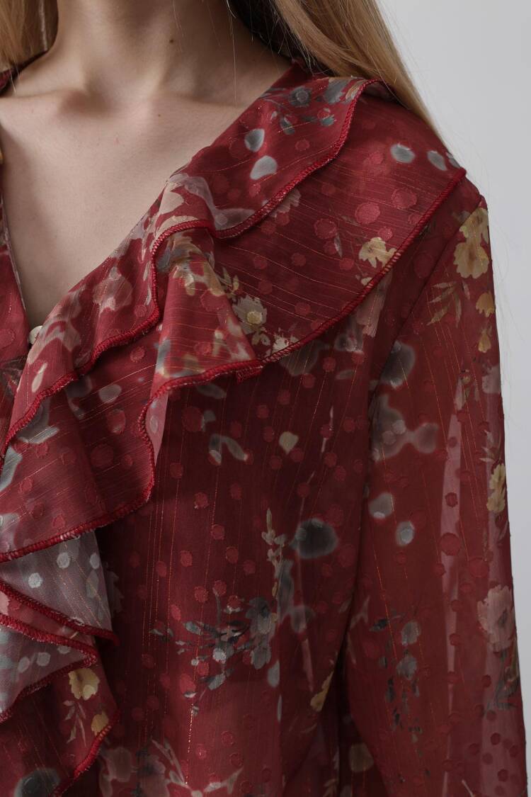 Floral Print Chiffon Shirt With Ruffles - Burgundy