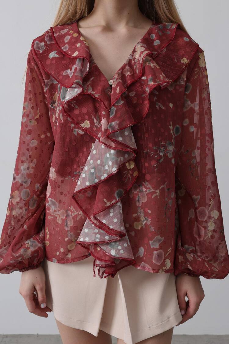 Floral Print Chiffon Shirt With Ruffles - Burgundy