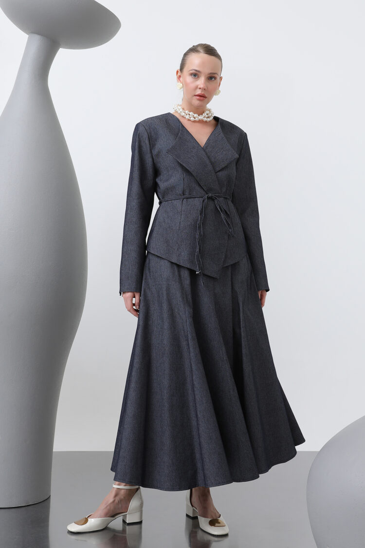 Off Shoulder Belt Detailed Skirt Set - Navy Blue - Puane - Globality Store - Women Clothes Wholesale Turkey