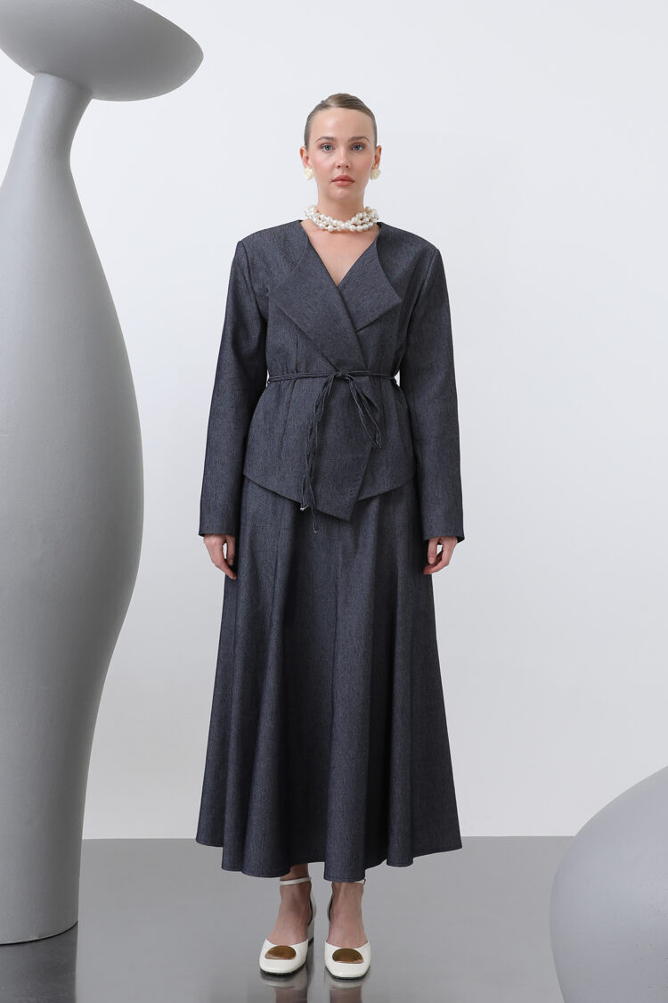Off Shoulder Belt Detailed Skirt Set - Navy Blue