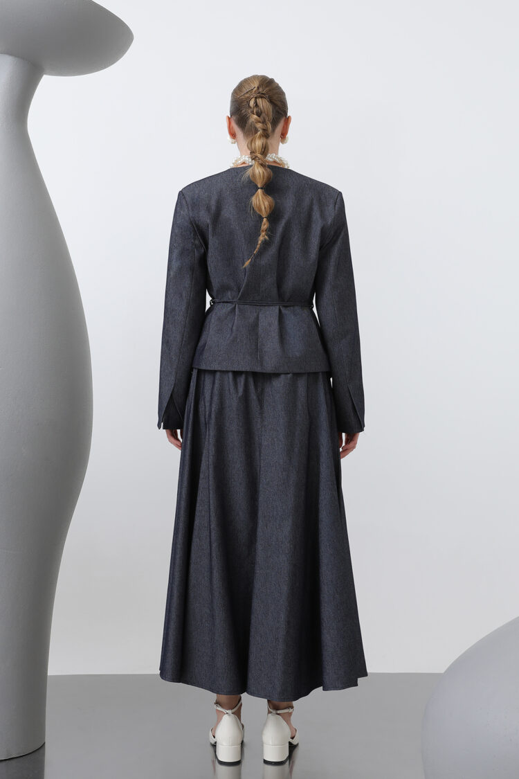 Off Shoulder Belt Detailed Skirt Set - Navy Blue