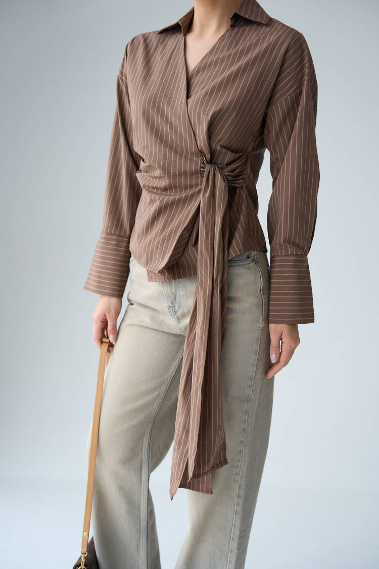 Side Tie Shirt - Milk Coffee - Qustyle - Globality Store - Women Clothes Wholesale Turkey