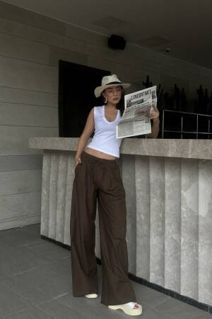 Coffee Poplin Fabric Waist Elastic Pocket Pants 29083 - First Angels - Globality Store - Women Clothes Wholesale Turkey