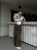 Coffee Poplin Fabric Waist Elastic Pocket Pants 29083 - First Angels - Globality Store - Women Clothes Wholesale Turkey