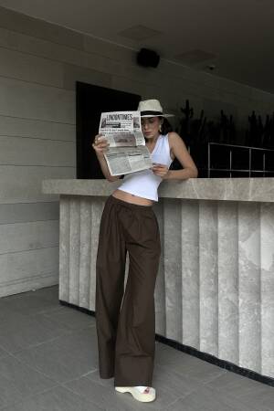Coffee Poplin Fabric Waist Elastic Pocket Pants 29083 - First Angels - Globality Store - Women Clothes Wholesale Turkey